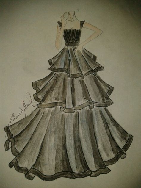 My second ball gown sketch  Three tiered skirt pleated top with ruffles sleeves Layered Skirt Drawing, Long Skirt Sketch, Ruffle Skirt Drawing, Skirt Sketches Fashion Drawings, Long Skirt Drawing, Grey Ball Gown, Studio Desing, Skirt Sketch, Ruffles Drawing