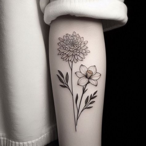 November Flower Tattoo, Chrysanthemum Tattoos, Narcissus Tattoo, Flowers In Art, Narcissus Flower Tattoos, November Flower, Fineline Tattoos, Tattoo Store, November Birth Flower