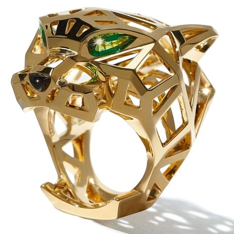 solid-gold geometric ring with a face so chiseled and tsavorite garnet eyes so piercing, Cartier Panther Ring, Cartier Panther, Panther Ring, Tiger Ring, Cartier Panthere, Cartier Jewelry, Cartier Ring, Jaguar, Panther