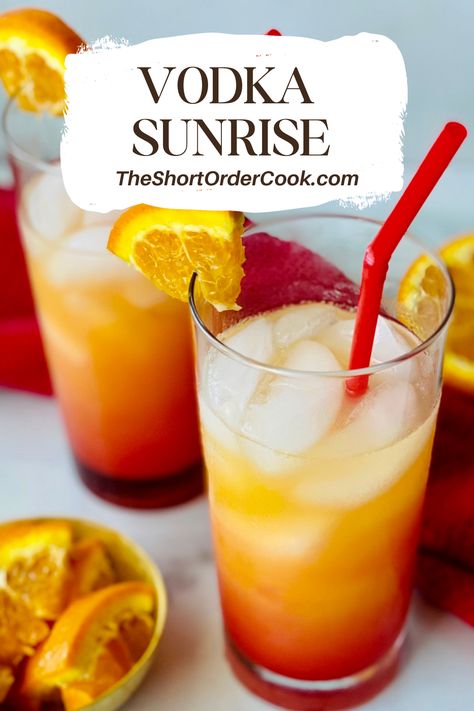 Vodka fans will love this gorgeous tropical cocktail recipe. The Vodka Sunrise is fruity & sweet. It's the perfect cocktail to get you in the vacation mood, sip by the pool, enjoy with friends, or for parties. No tequila in this version - use your favorite top-shelf vodka. Great with your favorite Grey Goose, Belvedere, Kirkland, Kettle One, & Titos. Orange Juice & granedanine are so pretty with the sunset vibes in the layers. Shake up one in a tall highball glass & sip. Sunrise Drink Recipes, Sunset Cocktail Recipe, Grenadine Cocktail, Tropical Cocktail Recipes, Fruit Juice Cocktails, Vodka Sunrise, Orange Juice And Vodka, Vacation At Home, Flavored Alcohol