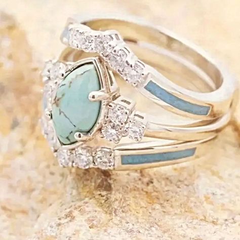 Turquoise Diamond Rings, Turquoise Stone Ring, Ring Settings Types, Turquoise Wedding, Turquoise Crystal, Band Jewelry, Finger Rings, Turquoise Rings, Cz Ring