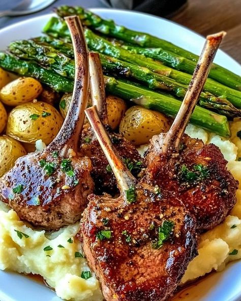 Mashed Potatoes And Asparagus, Potatoes And Asparagus, With Mashed Potatoes, Lamb Chops, Garlic Herb, Fresh Rosemary, Asparagus, Rosemary, Garlic Cloves