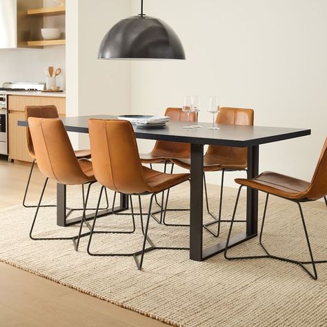 Black Table Leather Chairs, West Elm Kitchen Chairs, West Elm Slope Dining Chair, Metal And Leather Dining Chairs, Leather Kitchen Chairs With Table, Comfortable Dining Chairs Modern, Ms Dining Table Design, Leather Chairs Dining Table, Leather Dining Chairs With Wood Table