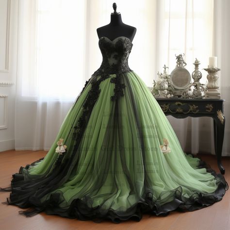 Gothic Ball Gown, Elegant Green Dresses, Fancy Black Dress, Black Tulle Dress, Strapless Ball Gown, Ballroom Gowns, Black Ball Gown, Style Bundle, Royal Green