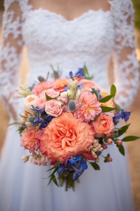 Navy Blue Coral Blush Wedding, Navy Blue Peach Wedding, Coral And Blue Wedding Flowers, Navy Blue And Peach Wedding Theme, Blue And Peach Bouquet, Light Blue And Peach Wedding, Peach And Navy Blue Wedding, Coral Flower Bouquet, Wedding Bouquets Peach