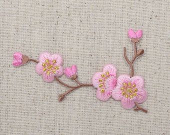 Cherry Blossom - Pink Flowers - Brown Stem - LEFT or RIGHT - Iron on Applique - Embroidered Patch - 611517 Embroidered Quilts, Embroidery Neck Designs, Learn Embroidery, Punch Needle Embroidery, Iron On Applique, Flower Embroidery Designs, Embroidery Craft, Blossom Flower, Hand Embroidery Designs