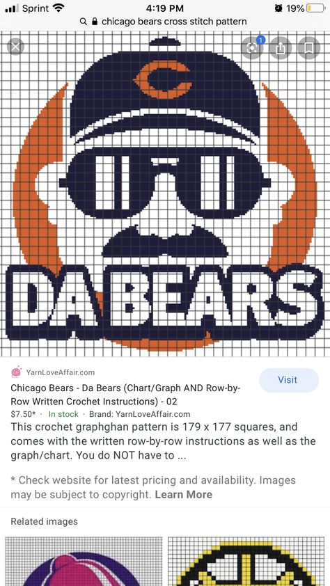 Chicago Bears Crochet Blanket Pattern, Chicago Bears Cross Stitch Pattern, Chicago Bears Crochet, Buffalo Plaid Cross Stitch Pattern, Nfl Cross Stitch Patterns, Grizzly Bear Cross Stitch Pattern, Visit Chicago, Row By Row, Crochet Instructions