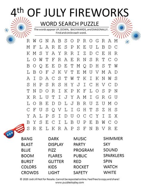 What's better than 4th of July Fireworks? A July 4th Fireworks Word Search! The printable Puzzle will have you thinking about the beautiful colors seen in the sky as America celebrates Independence day! July Word Search, Holiday Word Search, Free Word Search Puzzles, Senior Living Activities, July Activities, Word Search Puzzles Printables, Puzzle Worksheet, Free Word Search, 4th Of July Games