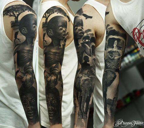 A full sleeve as a tribute to Africa by Silvano Fiato. African Warrior Tattoos, African Sleeve Tattoo, Eternal Tattoo, Black And Grey Sleeve, Africa Tattoos, African Tattoo, Egyptian Tattoo, Warrior Tattoo, 3d Tattoo