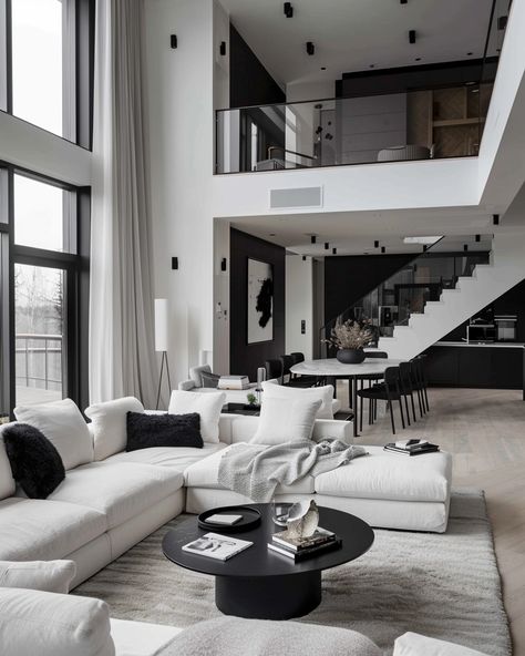 49 Modern Black and White Living Room Design and Decor Ideas – CreativeBooster House Black And White Aesthetic, Home Decor Ideas Black And White, Black And White House Aesthetic, Living Room Idea Modern, Modern Black And White Living Room, Black And White Modern House, Black And White Aesthetic Home, Black And White Mood Board, Modern Aesthetic Living Room