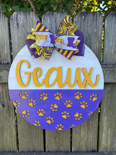 School Spirit Door Hanger, Fsu Door Hanger, Lsu Wreaths For Front Door, Lsu Door Hanger, Lsu Door Hanger Painted Wood, Louisiana Door Hangers, Lsu Ornaments Christmas Diy, Mississippi State Door Hangers, Lsu Wooden Signs