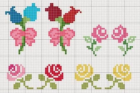 +75 Gráficos em ponto cruz de flores delicadas - Artesanato Passo a Passo! Beaded Things, Cross Stitch Boards, Tiny Cross Stitch, Pola Kristik, Mini Cross Stitch, Cross Stitch Borders, Cross Stitch Cards, Cross Stitch Rose, Tapestry Crochet