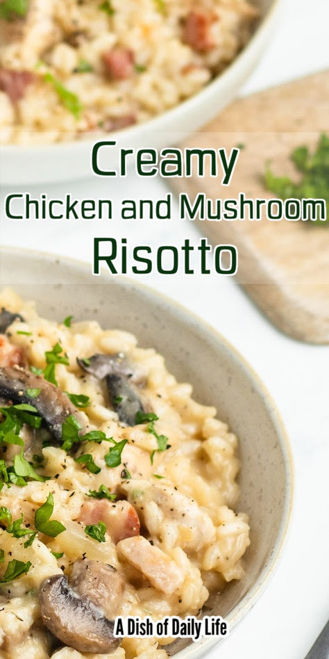 Chicken and Mushroom Risotto is an easy recipe that’s absolutely mouthwatering! It’s full of rich flavors with that perfect risotto! #adishofdailylife #mushroomrisottoandchicken #mushroomandchickenrisotto #chickenandmushroomrisottorecipe #bestchickenandmushroomrisotto #creamychickenandmushroomrisotto Mushroom Risotto With Chicken, Chicken Mushroom Risotto Recipes, Chicken And Risotto Recipes, Mushroom Chicken Risotto, Best Risotto Recipes, Chicken Mushroom Risotto, Chicken Risotto Recipe, Chicken And Mushroom Risotto, Perfect Risotto