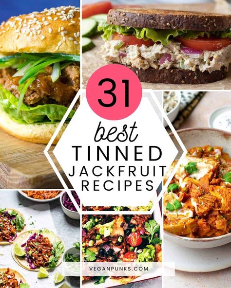 Collage with title '31 best tinned jackfruit recipes' with a collage of jackfruit dishes Canned Jackfruit Recipes, Jackfruit Vegan Recipes, Jackfruit Chicken, Silken Tofu Recipes, Lacto Vegetarian, Jackfruit Burger, Jackfruit Curry, Vegan Crab Cakes, Jackfruit Sandwich