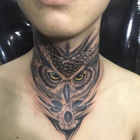 Owl Neck Tattoo, Buddha Tattoo Design, Buddha Tattoo, Neck Tattoos, Photos For Profile Picture, Owl Tattoo, Black Ink Tattoos, Neck Tattoo, Tattoo Designs