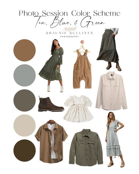 Infant Family Photos Outfit, Earthy Tone Family Picture Outfits, Green Dress Family Pictures, Sage Green Family Picture Outfits, Family Beach Pictures Outfits Color Schemes, Picture Color Schemes, Neutral Family Photos, Fall Family Outfits, Family Photography Outfits