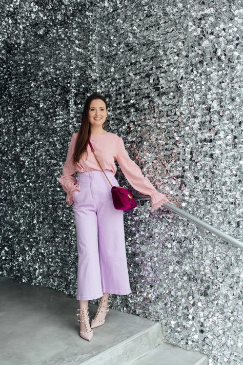 5 SIGNS YOU NEED GLAMOUR IN YOUR LIFE, Asos pink top, ASOS, Tibi lavender pants, lavender 2018, Valentino rockstuds kitten heels, Gucci Marmont small velvet Lavender Heels Outfit, Pink And Lavender Outfit, Lavender Pants Outfit, Lavender Clothes, Grown Style, Outfit Picnic, Kitten Heels Outfit, Culottes Jeans, Lavender Outfit