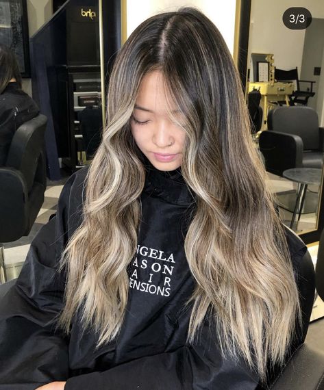 Dimensional Blonde Asian Hair, Dark Shadow Root Blonde Balayage Straight Hair, Asian Balayage Ashy Blonde, Money Piece Balayage Asian Hair, Sandy Blonde Balayage On Dark Hair, Cool Toned Blonde Balayage On Dark Hair, Beige Blonde On Dark Hair, Asian Blonde Highlights Balayage, Asian Money Piece Hair