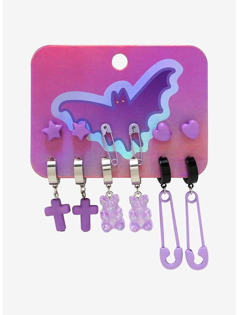 Safety Pin Earring, Purple Earring, Bear Safety, Emo Accessories, Pastel Goth Outfits, Safety Pin Jewelry, Pastel Accessories, Purple Candy, Pick Your Poison