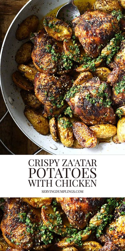 Crispy Za'atar Potatoes with Chicken - Serving Dumplings Zaatar Chicken And Rice, Za’tar Chicken, Zatar Recipes Food, Zaatar Recipe Chicken, Za’atar Chicken, Zaatar Chicken Thighs, Zaatar Recipe Dinners, Zatar Chicken Recipes, Maneet Chauhan Recipes