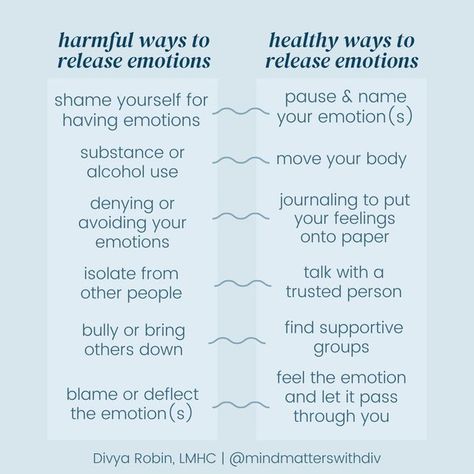 Divya Robin | Licensed Psychotherapist on Instagram: "Emotions are an inevitable part of being human and with that, many of us struggle to know "how" to release them. Without even realizing it, we may be releasing them in ways that are harmful to our long-term mental health. The reason we end up releasing emotions in an unhealthy & harmful way is that as a society, we don't talk about HOW to release emotions in a healthy way. Especially for certain populations/groups, talking about mental healt Releasing Emotions, Release Emotions, Working On Me, Mental Health Facts, Worth Quotes, Being Human, Emotional Awareness, Mental Health Support, Emotional Regulation