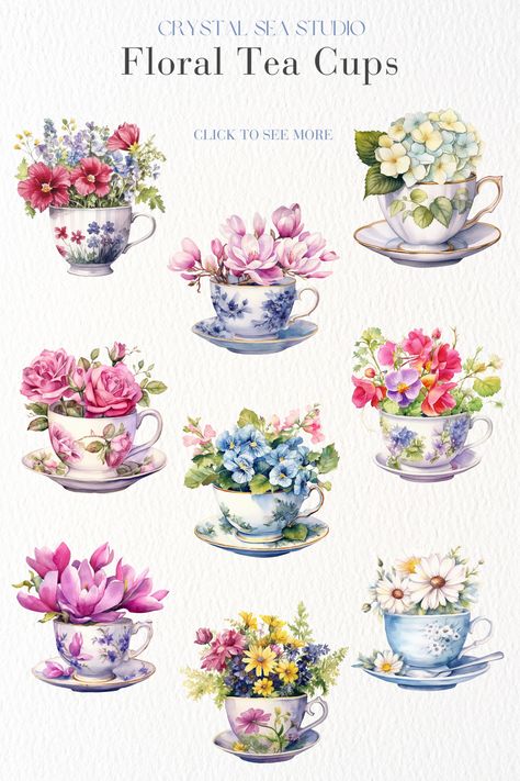 Watercolor tea cups with floral bouquets. Clip art images for sale to download instantly. Free commercial use. Tea Cup With Flowers Drawing, Teacup With Flowers Drawing, Tea Party Images, Teacup Clipart, Tea Party Watercolor, Teacup With Flowers, Teacup Plants, Tea Party Art, Tea Cup Image