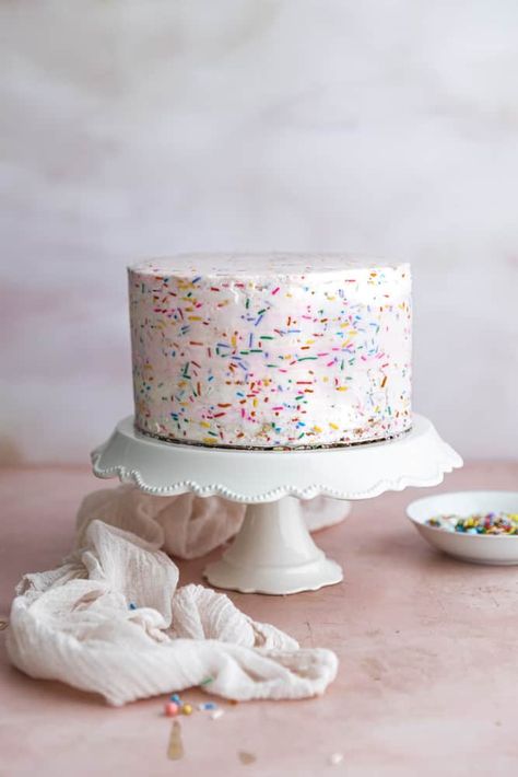 This confetti cake is deliciously light and fluffy and filled with classic rainbow sprinkles which gives this cake it's name! The cake is easy to make and tastes SO much better than a box mix. It's filled and topped with a confetti buttercream frosting and is perfect for birthday parties or any celebration! #confetticake #confettidessert #birthdaycake #celebrationcake #sprinklecake #frostingandfettuccine Easy Birthday Cake For Women, Christmas Cookies Recipes Holiday Xmas, Confetti Cake Recipes, Funfetti Frosting, Confetti Cupcakes, Canned Frosting, Confetti Cake, White Frosting, Funfetti Cake