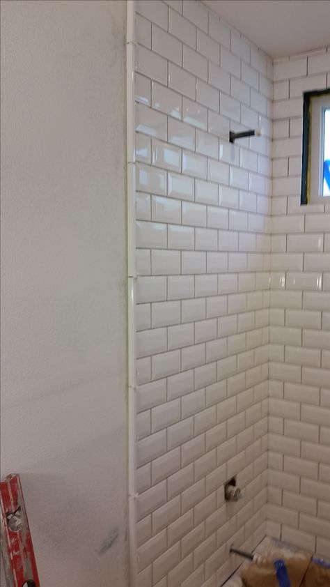 **Needed to get an edging for the tile, opted for this white tile edge - shower still being grouted and finished** Travertine Floor Tile, Living Room Hardwood Floors, Tile Edge Trim, Diy Floor Lamp, Beveled Subway Tile, Subway Tiles Bathroom, Bullnose Tile, Mosaic Bathroom, Tile Edge