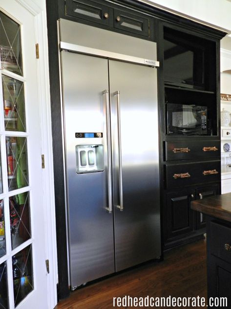 What a beautiful built-in-refrigerator transformation. This 1994 old Sub-Zero refrigerator is replaced with a modern classic kitchen aid stainless steel side by side refrigerator. Built In Refrigerator Ideas, Refrigerator Surround, Viking Refrigerator, Modern Cottage Kitchen, Transitional Style Kitchen, Modern Classic Kitchen, Fridge Makeover, Kitchenaid Refrigerator, Refrigerator Ideas