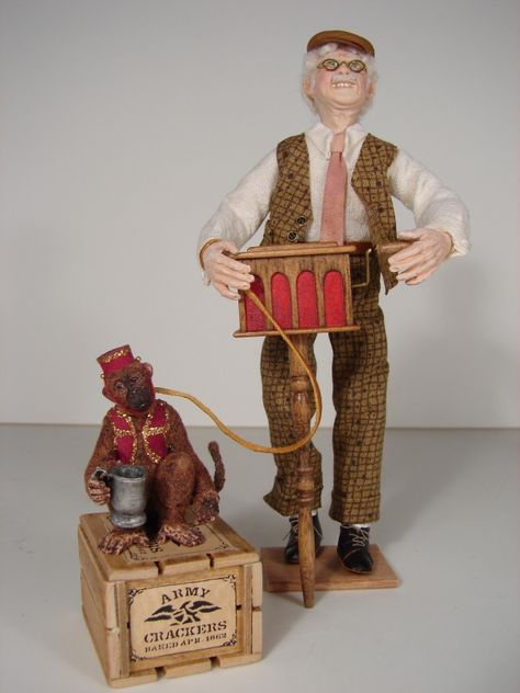 Dancing Monkey, Dollhouse Doll Clothes, Organ Grinder, Hurdy Gurdy, Miniature Dress, Wooden Music Box, Tiny Clothes, Paper Mache Sculpture, Monkey Business