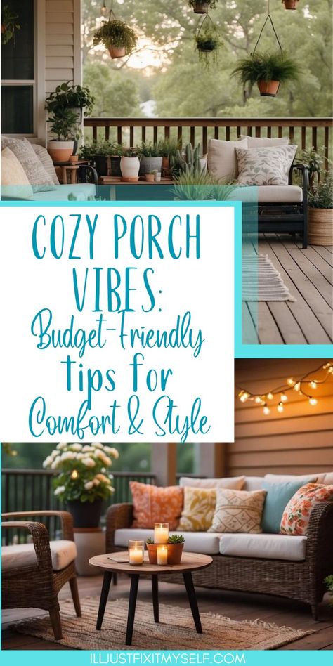 Cozy porch with string lights and potted plants Small Outside Patio Ideas Porch Decorating, Relaxing Front Porch Ideas, Cheap Back Porch Ideas, Cosy Porch Ideas, Covered Back Porch Decorating Ideas, Back Porch Makeover On A Budget, Porch Seating Ideas Small, Front Porch Dining Ideas, Back Porch Decorating On A Budget