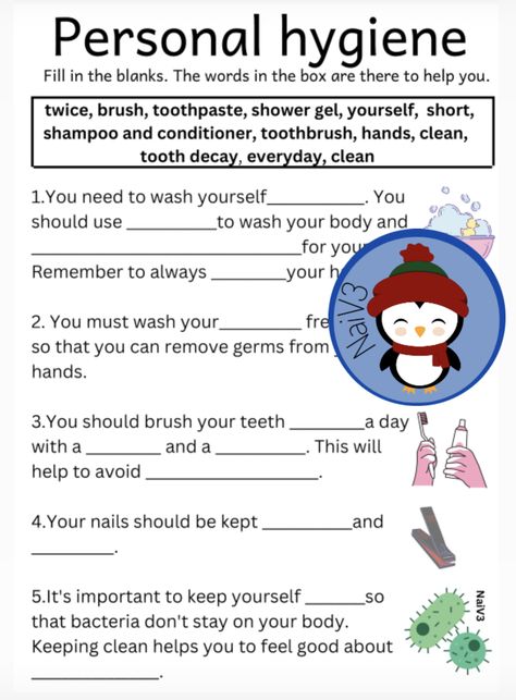 Personal Hygiene Worksheets, Personal Hygiene Activities, Hygiene Lessons, Hygiene Activities, Life Skills Kids, English Grammar For Kids, Mental Health Activities, Grammar For Kids, Money Skills