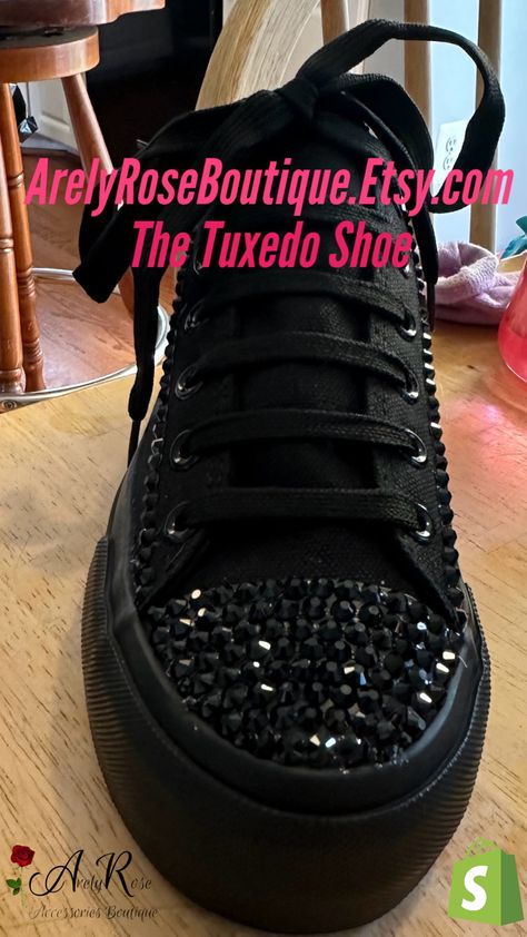 Custom made black canvas and black crystals lifted shoes Upcycle Shoes, Rose Accessories, Black Canvas Shoes, Bling Converse, Tuxedo Shoes, Crystal Shoes, Rose Boutique, Sneaker Games, Outfits With Hats