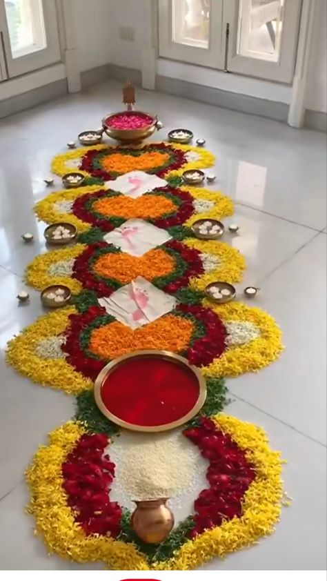 Welcome Home Bhabhi Decoration, Grah Pravesh Decoration Home, Bride Welcome Decoration At Home, Kanku Pagala Decoration, Kanku Pagla Decoration At Home, Pagla Decoration, Flower Pathway, Welcome Rangoli, Pathway Decoration