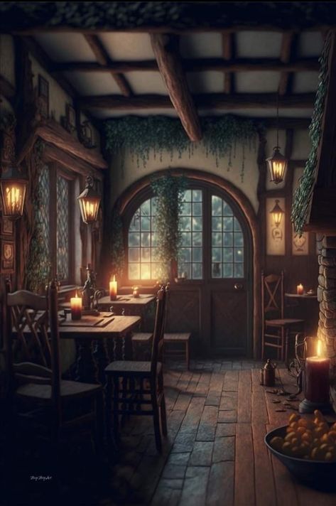 Fantasy Cafe Concept Art, Fantasy Cottage Interior, Fantasy House Art, Fantasy Cafe, Fantasy Inn, Fantasy Cabin, Witchy Cottage, Fantasy Cottage, Fantasy Village