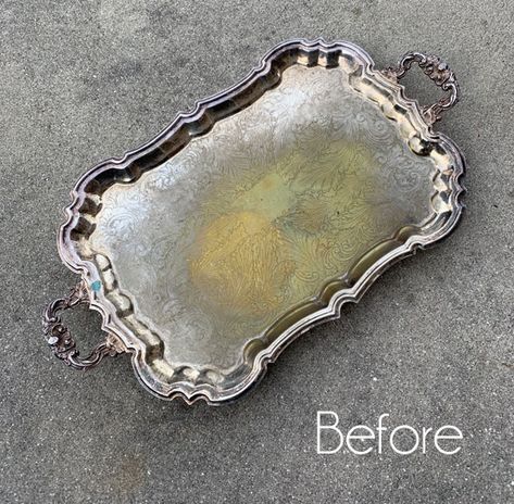 Silver Tray Decor, Tray Makeover, Thrift Store Makeover, Silver Platters, Silver Plated Trays, Thrift Store Crafts, Silver Trays, Metal Tray, Diy Makeover