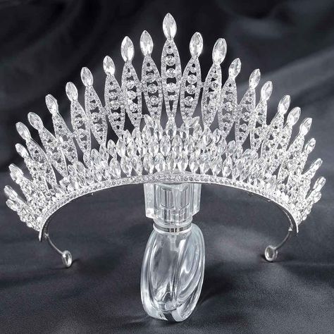 PRICES MAY VARY. Queen crowns for women is made of durable hard alloy and sparkly crystal rhinestones,noble silver color and baroque queen style to add a bit of romance and dreamy wedding for any brides. Rhinestone crown size:Height 3.9 inches,15.4 inches in diameter.Packaged in exquisite carton gift box,2 free hair pins can be fastened by this accessories. Baroque crowns and tiaras is crafted specifically to fit women and girls,perfectly fit in your hairstyles,a ideal hair accessory for bride t Elegant Tiara, Princess Tiaras, Queen Crowns, Crowns And Tiaras, Queen Style, Crown For Women, Silver Tiara, Tiara Hairstyles, Black Crown