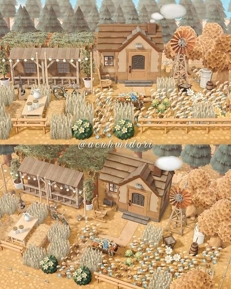 Acnh Old Town Ideas, Country Animal Crossing, Animal Crossing Farmcore Ideas, Cottagecore Acnh Villagers, Acnh Farmcore Ideas, Farmcore Animal Crossing, Acnh Outdoor Ideas, Acnh Farm Design, Acnh Farm Ideas