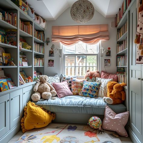 Childrens Reading Nook, Kids Nook, Reading Nook Kids, Colorful Playroom, White Bookshelves, Playroom Organization, Cozy Reading Nook, Cozy Reading, Kids Corner