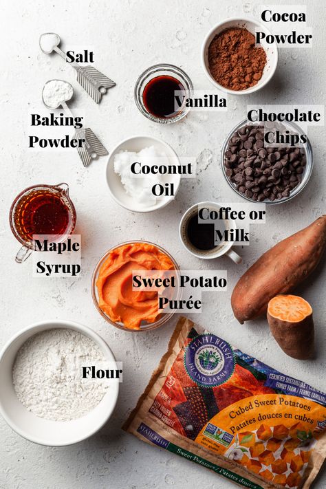 A white counter with labelled and measured ingredients in small clear glass bowls for making vegan sweet potato brownies. Sweet Potato Brownies Nut Free, Sweet Potato Dessert Vegan, Sweet Potatoes Cookies, Vegan Sweet Potato Brownies, Desserts Without Eggs, Sweet Potato Peanut Butter, Brownies Healthy, Sweet Potato Cookies, Sweet Potato Dessert