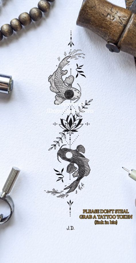 Ying Yang in the form of Koi fish and a Lotus Atla Dragons Tattoo, Atlab Tattoos, Small Atla Tattoo, Atla Tattoo Design, Tui And La Tattoo, Avatar The Last Airbender Tattoo, Fineliner Illustration, Atla Tattoo, Avatar Tattoo