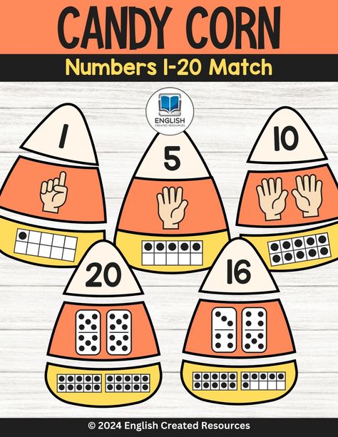 Candy Corn Numbers 1-20 Match Candy Corn Math Preschool, Candy Corn Counting, Candy Corn Math, English Created Resources, Reading Comprehension Grade 1, Tk Classroom, Homophones Worksheets, Free English Worksheets, Book Black And White