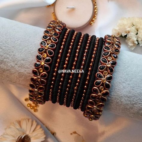 Bridal black, with elegance in sight, A timeless glow, both bold and bright. A love adorned in the moon’s own light. 🖤✨👰‍♀️ . . . Design Code - Nava0083 . . “Get yours now in your favorite color! 🎨✨" . . "Customize bangles with raw silk thread! 🎨💫@nava.neela" . . DM us on Instagram or WhatsApp to 8300830771 . . #navaneela #bangles #silkthreadbangles #silkthreadjewelry #kundanbangles #weddingbangles #bridalbangles #returngifts #festivebangles #southindianbangles #bride #bangleset #weddingins... Silk Thread Bangles Design, Thread Bangles Design, Kundan Bangles, Silk Thread Jewelry, Silk Thread Bangles, Dp For Whatsapp, Thread Bangles, In The Moon, Bangles Design