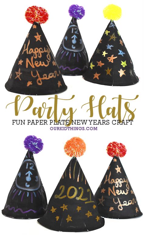 New Year’s Eve Hats Diy, Party Hat Craft, New Year Crafts, New Year's Eve Crafts, Fireworks Craft, New Years Hat, Clock Craft, January Crafts, Craft Home Decor