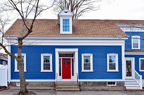 Blue House With Red Door, Door Colors For Blue House, House With Red Door, Blue House Exterior, Red Door House, Best Front Door Colors, Blue Siding, Best Front Doors, Blue Front Door