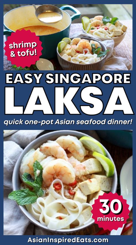 a bowl of noodles, broth, tofu, shrimp and herbs Singapore Laksa Recipe, Singapore Laksa, Curry Broth, Laksa Recipe, Asian Seafood, Coconut Curry Shrimp, Seafood Dinner Recipes, Deep Fried Tofu, Tofu Dishes