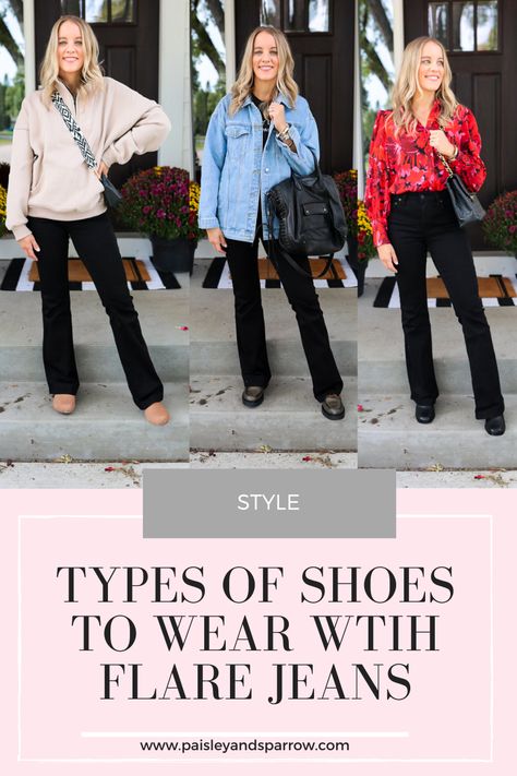 3 Types of Shoes to Wear With Flare Jeans - Paisley & Sparrow Shoes Flared Pants, Flare Jean Shoes, Flares And Sneakers Outfit, What Shoes To Wear With Flared Jeans, Flare Jeans With Shoes, Loafers And Flare Jeans, Chelsea Boots Flared Pants, Flare Jeans And Loafers Outfit, How To Wear Black Flare Jeans