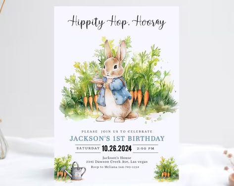 OwliePowlie - Etsy France Peter Rabbit First Birthday, Peter Rabbit Illustration, Peter Rabbit Birthday, Space Birthday Invitation, Rabbit Birthday, Kids Birthday Invitation, Sprinkle Party, Custom Party Invitations, Bunny Birthday