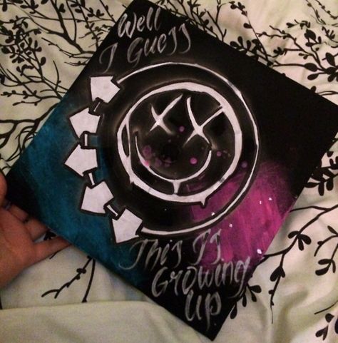 Blink 182 grad cap Disney Graduation Cap, Disney Graduation, Grad Cap Decorated, Grad Hat, Grad Cap Designs, Diy Graduation Cap, Grad Caps, Graduation Cap Designs, Graduation Cap Decoration