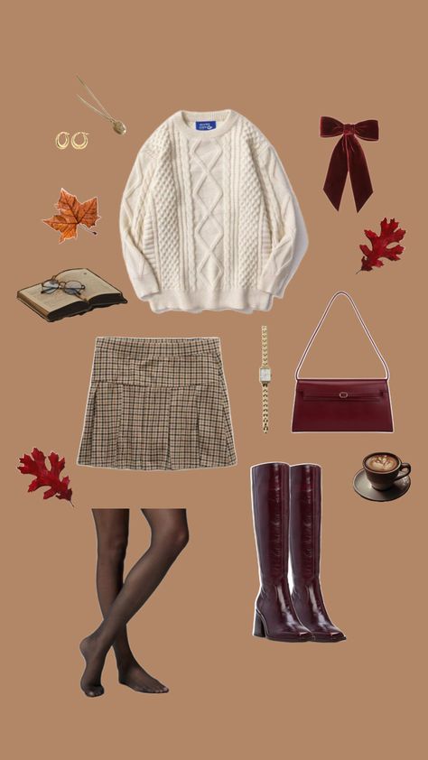 academia aesthetic, autumn academia, dark academia, light academia, women's fall outfits, fall outfit, sweater weather, outfit inspo, cherry red, tall boots, shoulder bag, plaid mini skirt Light Academia Fall Outfits, Dark Red Boots Outfit, Dark Red Boots, Autumn Academia, Red Boots Outfit, Academia Light, Aesthetic Autumn, Bag Outfit, Red Boots